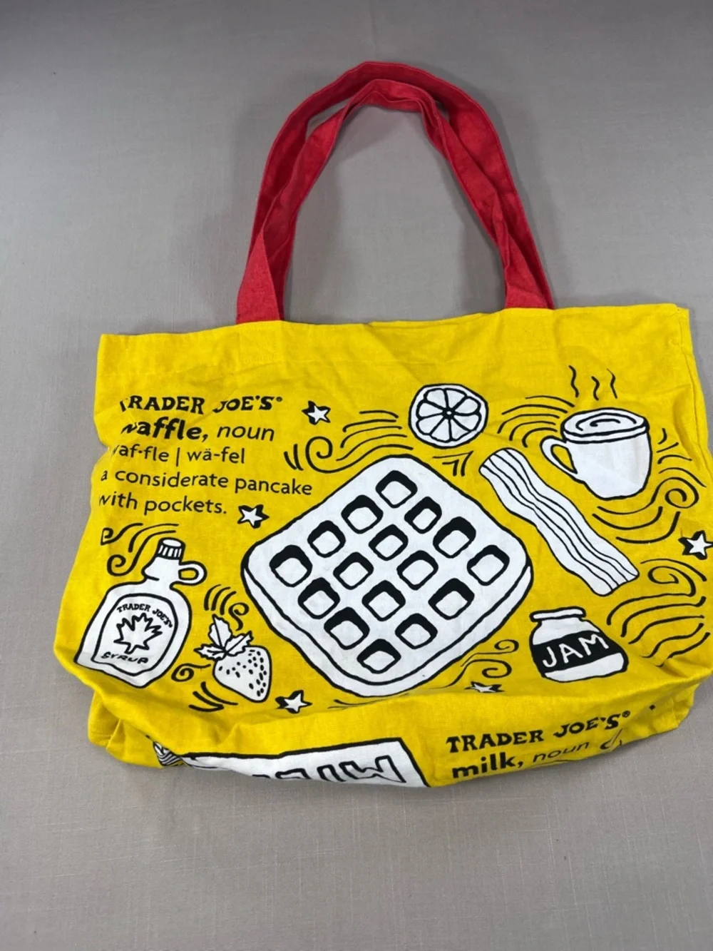 Trader Joe’s Yellow Canvas Tote Bag Red Handles Toast Milk Grocery Shopping Bag - Picture 3 of 8